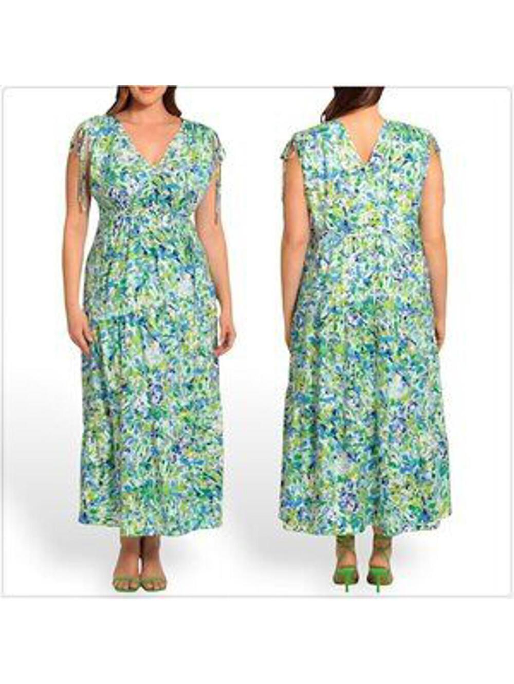 Maggy London Women’s Tiered Maxi Dress Pockets Drawstring Blue/Green White Sz 12